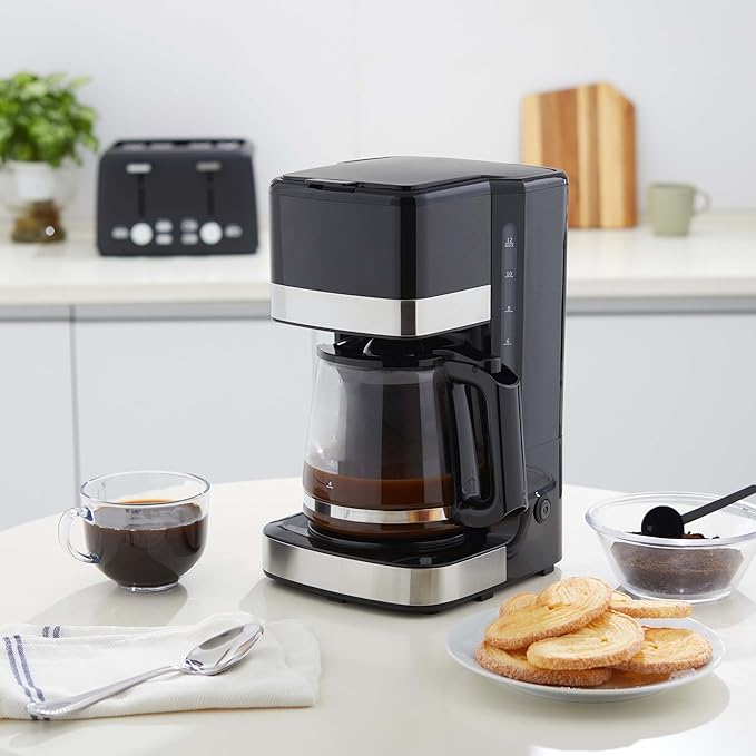 Amazon Basics 12 Cup Drip Coffee Maker, Coffee Machine with Glass Coffee Pot (1.9 Qt), Auto Shut-off, Auto Pause, Removable Filter Basket, Black & Silver