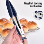 Doosu Kitchen Tongs for Cooking - 600°F Heat Resistant Food Tong with Non-Scratch Silicone Tips, Heavy Duty Stainless Steel Locking Tong for BBQ, Grilling Steak, Serving Salad Pasta (7in, Navy Blue)