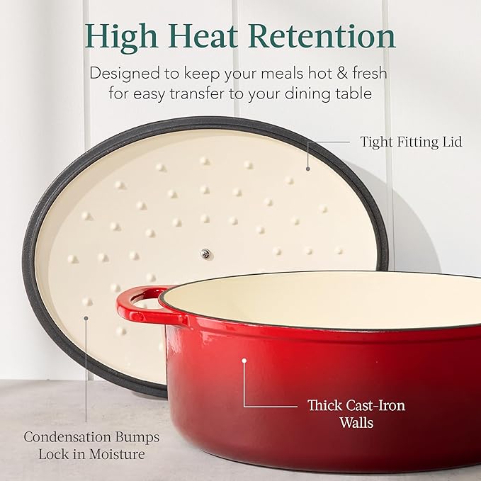 Best Choice Products Oval 7.5 Quart Enamel Cast-Iron Dutch Oven, Heavy-Duty Pre-Seasoned for Baking, Cooking w/Side Handles – Red