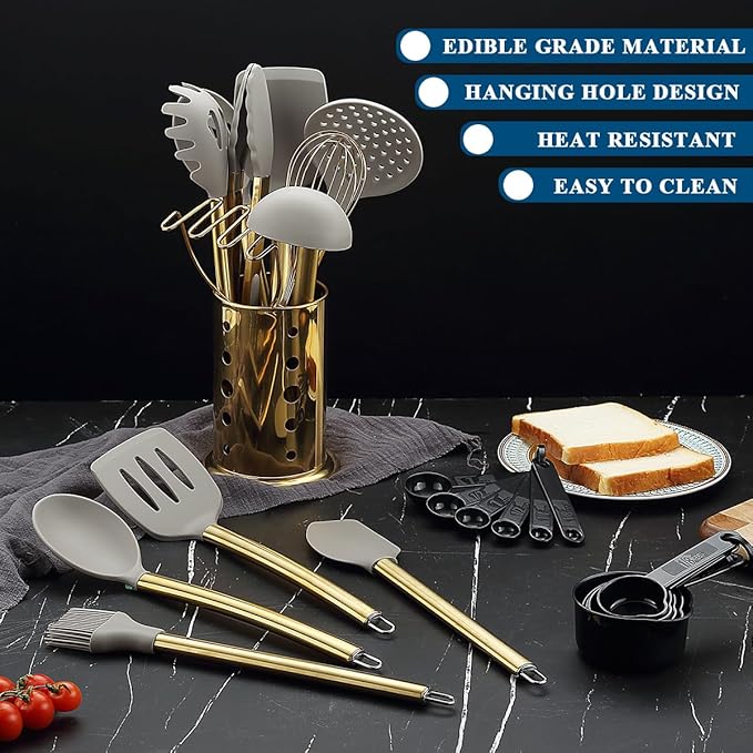 Gold Kitchen Utensils Set, Kyraton 38 Pieces Non-Stick Silicone Cooking Utensils Set, Spoon Spatula Set with Sturdy Stainless Steel Utensil Holder, Dishwasher Safe
