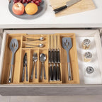 Bamboo-Silverware-Drawer-Organizer-Kitchen, Expandable Utensil Holder Cutlery Tray Flatware Organization Adjustable Wood Tableware Dividers Storage (with Removable Knife Block)(Natural)