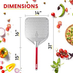 TKC 14” Perforated Pizza Peel – 31 Inch Long Handle Perforated Aluminium Pizza Paddle – Lightweight Pizza Turning Peel – Commercial Grade Pizza Spatula - Outdoor Pizza Oven Accessories - (Silver/Red)