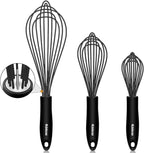 Silicone Whisk, Eddeas Stainless Steel & Silicone Non-Stick Coated Whisks set of 3-Heat Resistant Kitchen Whisks, Balloon Egg Beater Perfect for Blending, Whisking, Beating & Stirring, Black