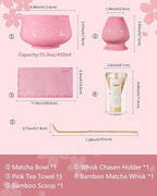 ZENS Pink Matcha Set, Matcha Whisk Set Includes Ceramic Bowl, Matcha Whisk and Chasen Holder, Bamboo Scoop-Tea Towel, 5pcs Matcha Kit Set for Matcha Lovers, Sakura Pink