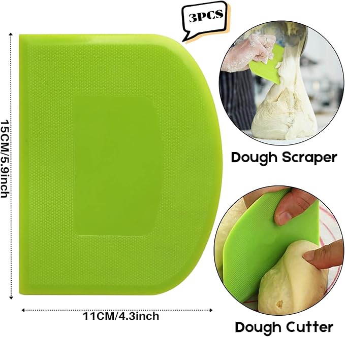 SURDOCA Dough Scraper Bench Scraper - 3P 5.9x4.3" Plastic Flexible Bowl Scraper, Sharp Edge & Angles Cake Scraper. Non-Slip Bakeware Decorating Tools Sculpting & Modeling Tools - Pure Green