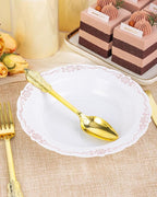 100 Pack White Plastic Bowls with Rose Gold Rim, 12oz Plastic Dessert Bowl, Bowls Disposable Heavy Duty for Hot Soup, Dessert, Salad, Cake, Ice Cream, Fruit