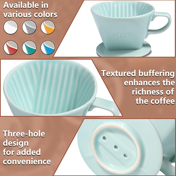 Pour Over Ceramic - Coffee Dripper Ceramic Coffee Maker with 3 Holes Flat Bottom, Porcelain Slow Filter Cone for Travel, Camping, Office, Home, Coffee Maker Brew…
