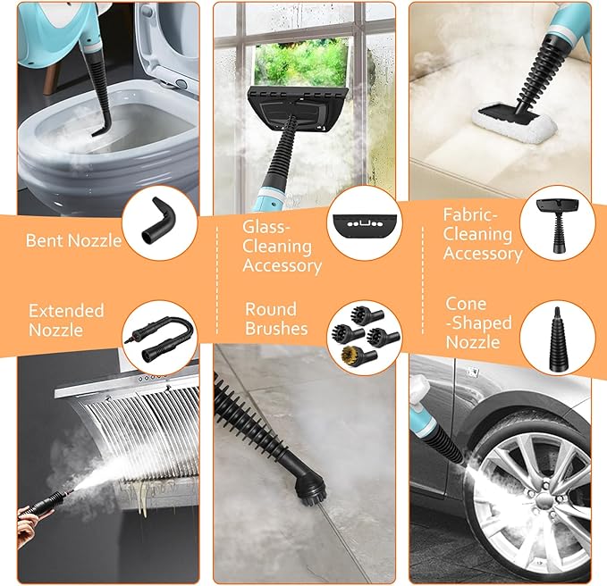Pressurized Handheld Multi-Surface Natural Steam Cleaner with 12 pcs Accessories, Multi-Purpose Steamer for Home Use, Steamer for Cleaning Floor, Upholstery, Grout and Car (Blue)