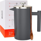 Barista Warrior French Press with Thermometer - Insulated Coffee Press - Stainless Steel Coffee Maker (1.0L, 34 fl oz, Gray)