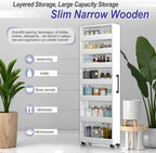 7-Tier Slim Storage Cart, Wooden Rolling Pantry Cabinet with Wheels, Narrow Shelf Organizer for Kitchen, Bakers Rack, Dining Room, Closet, Small Spaces Dark Walnut 47.2" H*9.8" W*23.6" D