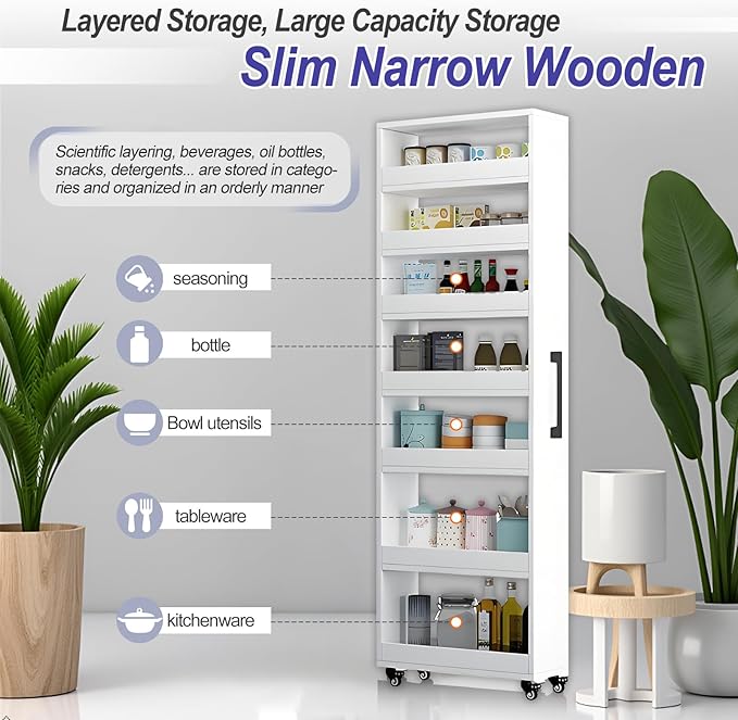 7-Tier Slim Storage Cart, Wooden Rolling Pantry Cabinet with Wheels, Narrow Shelf Organizer for Kitchen, Bakers Rack, Dining Room, Closet, Small Spaces Teak 73.2" H*9.8" W*23.6" D