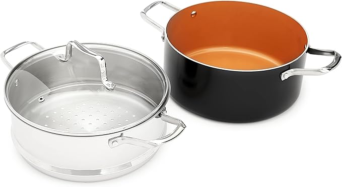 Amazon Basics Ceramic Nonstick Pots and Pans Cookware Set, Dishwasher & Oven Safe, Even Heating, 10-Piece Set, Copper Color