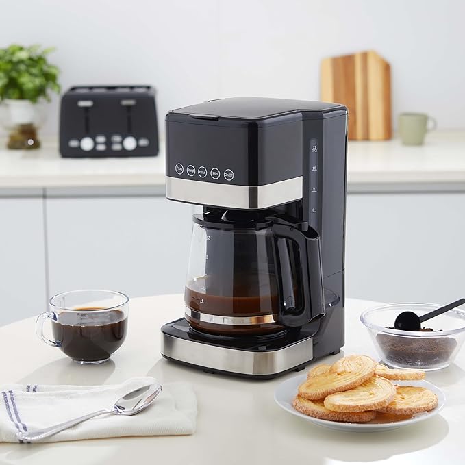 Amazon Basics Programmable 12 Cup Drip Coffee Maker, Coffee Machine with Glass Coffee Pot (1.9 Qt), Auto Shut-off, Touch Screen, Auto Pause, Removable Filter Basket, Black & Silver