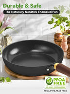 Carbon Steel Skillet, 11-Inch Nonstick Frying Pan, Stay-Cool Wooden Handle, Non Toxic, PTFE & PFOA Free Oven-Safe, Season-Free Enameled Carbon Steel Pan