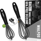 Walfos Whisk 5+7in/12cm+17cm Mini Whisk,Silicone Whisks Non Scratch Heat Resistant (480°F). Nice for stirring individual eggs and mixing small amounts of powder and sauce.Dishwasher Safe.Black