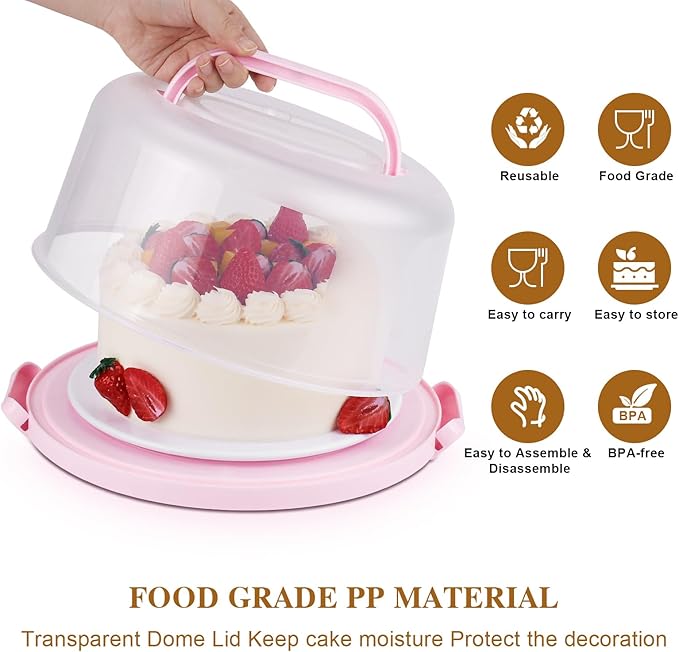 Cake Carrier with Lid and Handle, Cake Container Cupcake Holder for 10 inch Cake with 2 Handles Cupcake Carriers - Cover Two Sided Base for Transport Storage Pies Nuts, Pink Round Cake Stand
