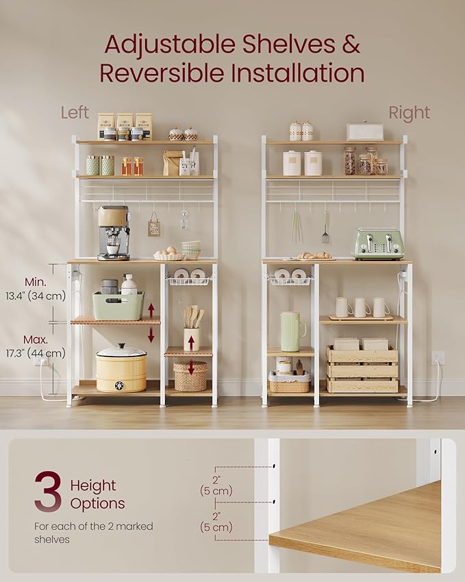 VASAGLE Bakers Rack with Power Outlet, 35.4 Inches Microwave Stand, Coffee Bar, 4 AC Outlets, with Adjustable Shelves, 8 S-Hooks, Basket, Spice Racks, Golden Oak and Cloud White UKKS031Y09