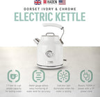 Haden Dorset 1.7 Liter Stainless Steel Electric Kettle, Hot Water Kettle with 360-Degree Base and Auto Shutoff, Ivory & Chrome