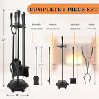 Gtongoko 5 Pcs Fireplace Tools Set 32" Black Wrought Iron Large Fire Tool Set for Outdoor/Indoor Include Chimney Poker, Rustic Tongs, Shovel, Antique Brush and Stand Accessories Set