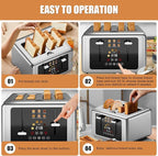 4 Slice Toaster, Touchscreen & Dual Independent Control Panel,Digital Countdown Toasters, 6 Shade Settings＆6 Bread Types, Smart Mute/Screen-Off,Silver