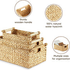 Greenatural Water Hyacinth Storage Baskets Set of 3, Handwoven Rectangular Organizer with Wooden Handles, 3 Different Sizes, Nested Wicker Bins for Shelf, Bathroom, Kitchen, Office, Natural Home Decor