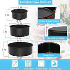 E-far Deep Cake Pan Set of 3 (6/8/9½ Inch), Nonstick Stainless Steel Round Cake Pans Tins for Baking Layer Wedding Cakes, Stainless Steel Core & Nontoxic Coating, Deep & Straight Side