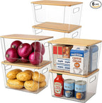 6 Pack Clear Stackable Storage Bins with Bamboo Lids, Trash Bag Holder Dispenser Under Sink Organizer for 4-13 Gal Bags, Plastic Storage Containers for Pantry Bathroom Kitchen Organization
