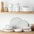 AmorArc 18 Pieces Ceramic Dinnerware Sets for 6, Handpainted Stoneware Plates and Bowls Set with Rustic Terracotta Underside, Scratch Resistant Dishes Set, Dishwasher & Microwave Safe, White