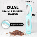 Zulay Kitchen Premium Vegetable Peeler for Kitchen - Swivel Peeler with Razor Sharp Stainless Steel Blades & Strong Ergonomic Handle - Dishwasher Safe, Easy To Use with Blemish Remover - Light Blue