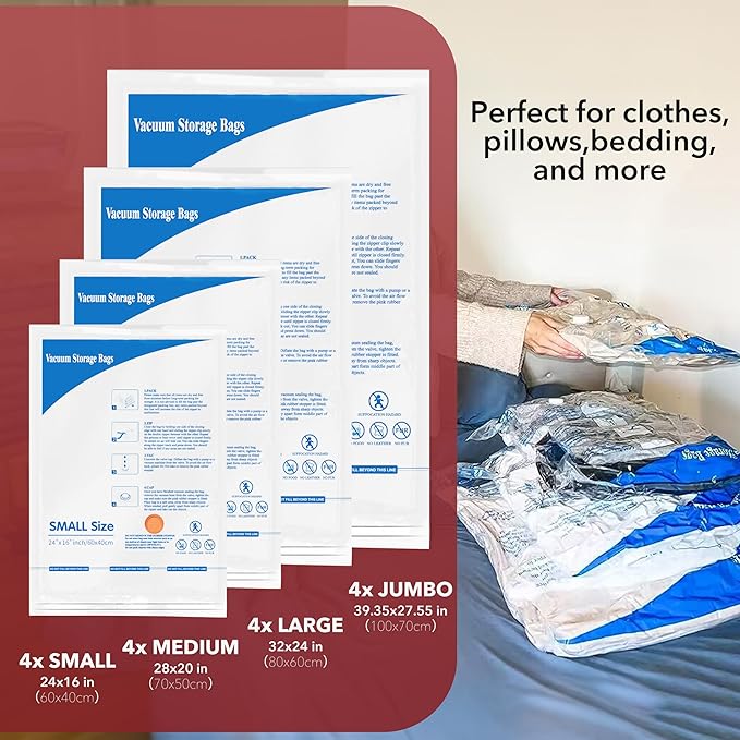 Vacuum Storage Bags with Electric Air Pump 16 Combo (4 Jumbo/4 Large/4 Medium/4 Small), Plastic Packaging Bags,Travel Vacuum Bags For Luggage,Clothes, Pillows, Comforters, Blankets, Bedding