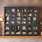 70.8" Bookshelf with Glass Doors, Farmhouse Modular Bookcase with 6-Tier Adjustable Shelves, Large Storage Cabinet for Living Room & Home Office, Set of 4, Black