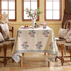 ISAENNE Designer Linen Light Beige Long Tablecloth Rectangle,French Colorful Floral Table Cloth,Stain Resistant Decor Tablecloths for Dining Thanksgiving Christmas Kitchen,63"*94"-Helena E
