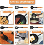 Large Silicone Kitchen Utensils Set, 6 PCS Nonstick Cooking Utensils Set with Wooden Handle, Heat Resistant and BPA Free Silicone Utensil Spatula Set for Cooking with Turner, Spoon and Ladle(Black)