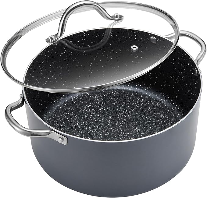 BEZIA 8 Quart Cooking Pot, Large Non Stick Induction Stock Pots with Lid, All Stove Compatible, 8 QT Aluminum Soup/Stew Pot For Families of 3–5, Grey