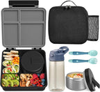 Kids Bento Lunch Box with 8oz Soup Thermo, Water Bottle, Kids Leakproof Lunch Food Containers with 4 Compartment, Insulated Hot Food Jar with Lunch Bag for School, Trvael (Black)