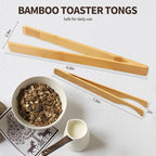 4 Pieces Natural Bamboo Toaster Tongs,Two Bamboo Toast Tongs of different lengths（9.8-Inch & 7.8-Inch),Long Tongs with Anti-slip Design,Heat-Resistant for Cooking and Serving