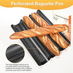 French Baguette Bread Pan, 3 Loaf Bread Pan Nonstick, Perforated Baguette Tray, Oven Safe, Health Homemade Bread Baking Supplies with Couche, 15x11 Inch, Round Corner and Heat Evenly, Black