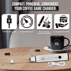 Frother Handheld - Powerful Coffee Frother Wand Rechargeable, Ultra Fast Milk Frother Handheld, Electric Whisk Drink Mixer with Stainless Steel for Coffee, Lattes, Matcha | White
