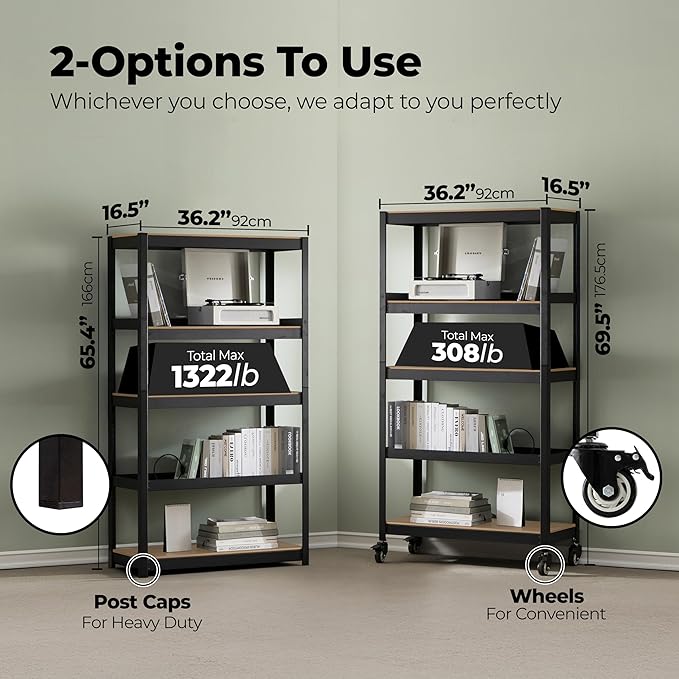HOMEDANT House 5-Tier Metal Rolling Cart Shelf Rack Casters Heavy Duty Laminated Wheel Shelving Unit Adjustable Utility Storage Shelves Organizer Shelf Kitchen Garage 36.2" W x 16.5" D x 69.5" H 1Pack