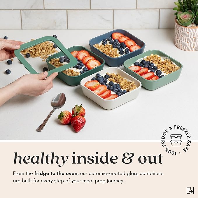 Ceramic Coated Glass Food Storage Containers | No PTFE, PFOA, PFAS, and BPA | Reusable Non Toxic Meal Prep Containers with Glass Lids | Easy To Store | 10 Piece Set [Pine]
