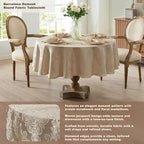 Newbridge Barcelona Luxury Damask Fabric Tablecloth, 70” Round, Golden Beige, 100% Polyester, No Iron, Soil Resistant Dining Room, Party and Banquet Table Cover