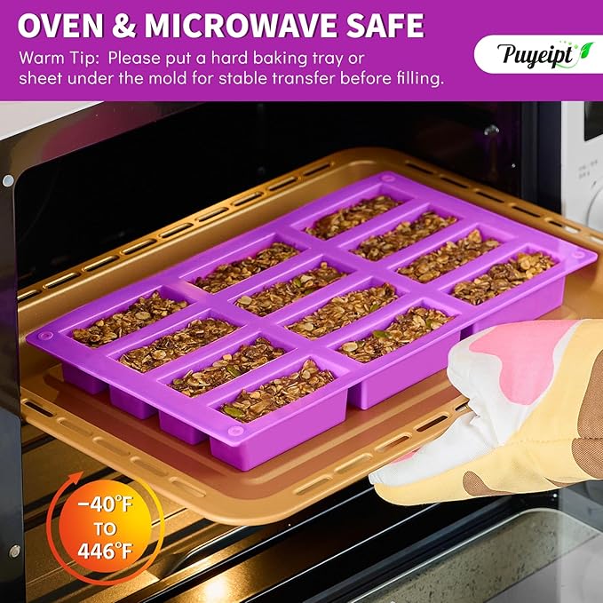 12-Cavity Silicone Granola Bar Molds, 2 Pcs Candy Bar Molds Rectangle Protein Bar Mold for Baking Chocolate Bar, Cereal Bar, Cheesecake, Brownies