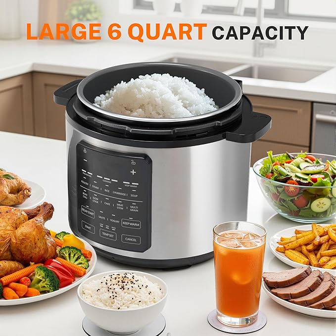 Simple Deluxe Electric Pressure Cooker, Non-Stick 12-in-1 & 6QT Stainless Steel Multi Cooker for Slow Cook, Meat Stew, Cake, Porridge, Multigrain, Dishwasher Safe, Silver