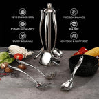 18/10 Stainless Steel Cooking Utensils Set with Holder, 7-Pieces All Metal Kitchen Utensils, 15’’ Long Kitchen Tools with Countertop Rotating Stand, Spatula, Ladle, Skimmer, Tunner, Pasta, Large Spoon