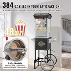 VEVOR Popcorn Maker with Cart, 850W Popcorn Popper Machine, 8 Oz Kettle Makes 48 Cups per Batch, Popcorn Maker Equipped with Tempered Glass, Includes 4 Scoops, Movie Theater Style, Black