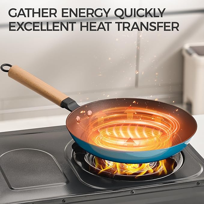 YUTANN 10" Enameled Non-Stick Cast Iron Skillet, Egg Frying Pan with Removable Wooden Handle, PFAS/PFOA Free, Dishwasher & Oven Safe (500°F)