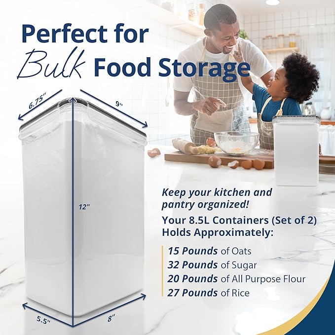Reli. 8.5L Airtight Food Storage Containers with Lids (2 Sets) Kitchen Organizers and Storage Containers, Pantry Organizers | BPA Free Plastic XXL Set w/ 2 Measuring Cups, 6 Labels, Pen