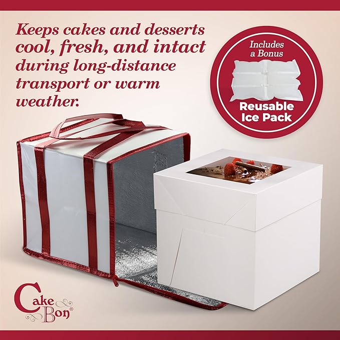 Cakebon Cake Box and Boards, 12-Inch Round Black Wrapped Edges 1/2- Inch Thick Drums with Insulated Bag and Ice Pack – Cake Transport Set, Cooler for Cake Delivery and Transport (1pc Each, 4pcs Total)
