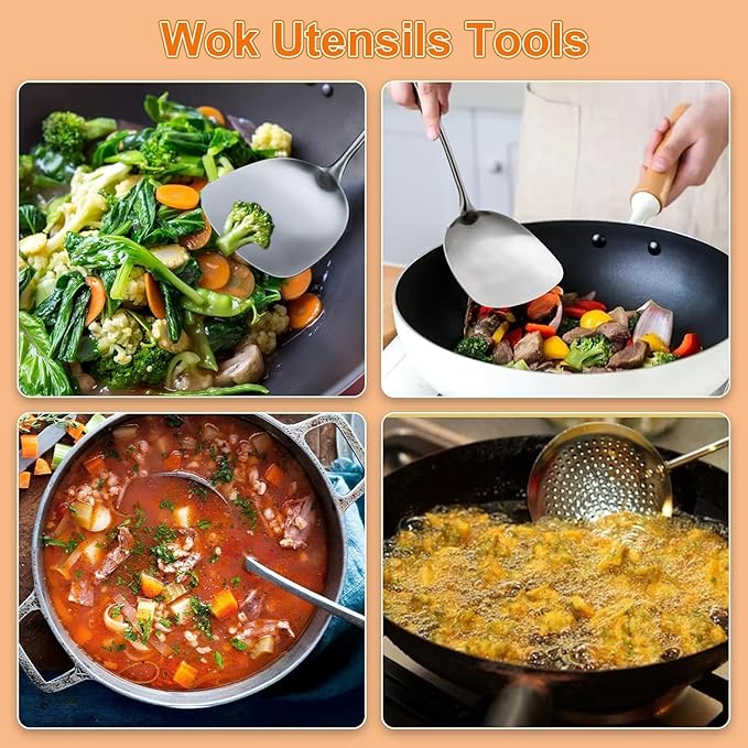 FJNATINH Wok Spatulas Soup Ladle Skimmer Ladle Set, Stainless Steel Wok Tools with Wooden Handle Wok Accessories Sets Cooking Utensils,3 PCS