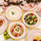 100PCS Pink Plastic Bowls - 12 oz Pink Gold Disposable Salad Bowls - Heavy Duty Disposable Soup Bowl - Fancy Plastic Ice Cream Bowl for Weddings Parties Dinners Picnics